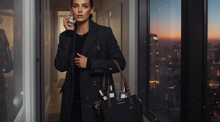 A stylish woman in a dark wool coat stands in a high-rise hallway at sunset, holding a perfume bottle and a designer bag filled with fragrances, capturing modern elegance and confidence.