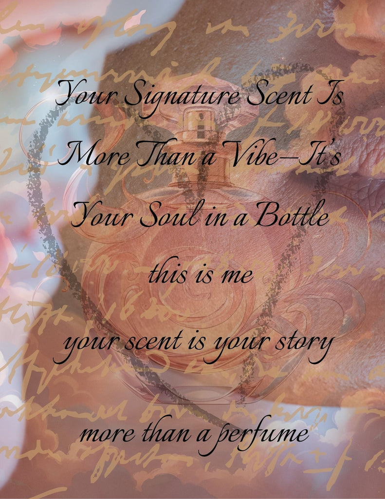 Flat lay of a perfume bottle on a textured surface with soft sunlight, handwritten note beside it that reads “This is me.” Elegant, minimal background in beige and gold tones.