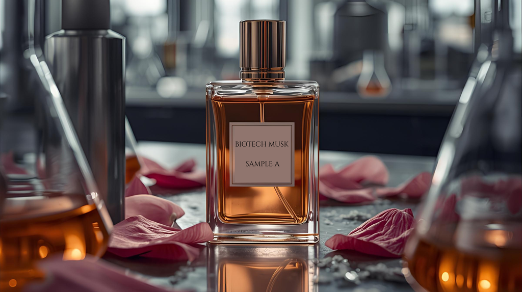 Elegant perfume bottle labeled ‘Biotech Musk Sample A’ displayed on a reflective lab table surrounded by pink rose petals and glass beakers filled with amber liquid, symbolizing the fusion of science and luxury perfumery.
