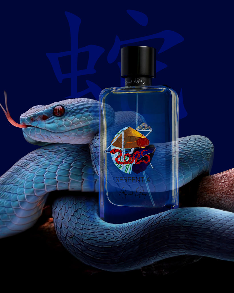 Blue snake and perfume bottle with colorful logo on a dark blue background
